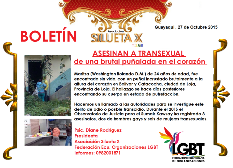 Asesinan de una brutal puñalada en el corazón a transexual - Asociación Silueta X - Federación de Organizaciones LGBT
