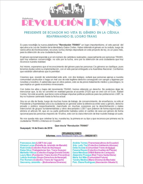Pronunciamiento PRESIDENTE DE ECUADOR NO VETA EL GÉNERO EN LA CÉDULA REAFIRMANDO EL LOGRO TRANS - plataforma revolución trans ecuador