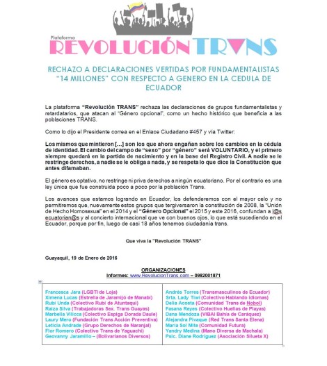 RECHAZO A DECLARACIONES VERTIDAS POR FUNDAMENTALISTAS “14 MILLONES” CON RESPECTO A GENERO EN LA CEDULA DE ECUADOR