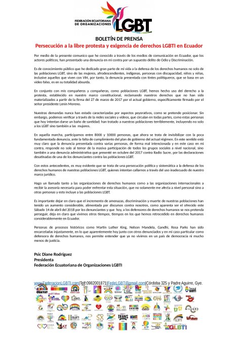 Persecución a la libre protesta y exigencia de derechos LGBTI en Ecuador - Judialización 2018 activistas Federación