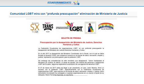 Comunidad LGBT mira con profunda preocupación eliminación de Ministerio de Justicia-Asociacion Silueta X-Federacion ecuatoriana LGBTI-Plataforma Revolucion Trans