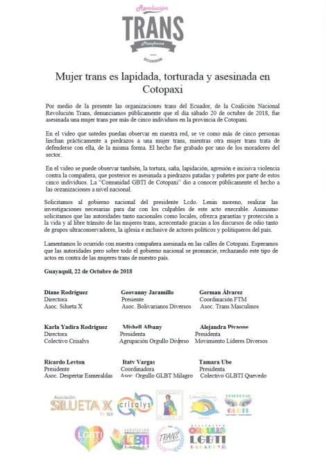Mujer trans es lapidada, torturada y asesinada en Cotopaxi - Plataforma revolución trans - Asociación SIlueta X Ecuador Transgénero