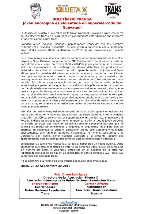 Boletín de Prensa - Joven andrógina es violentada en supermercado de Guayaquil-1