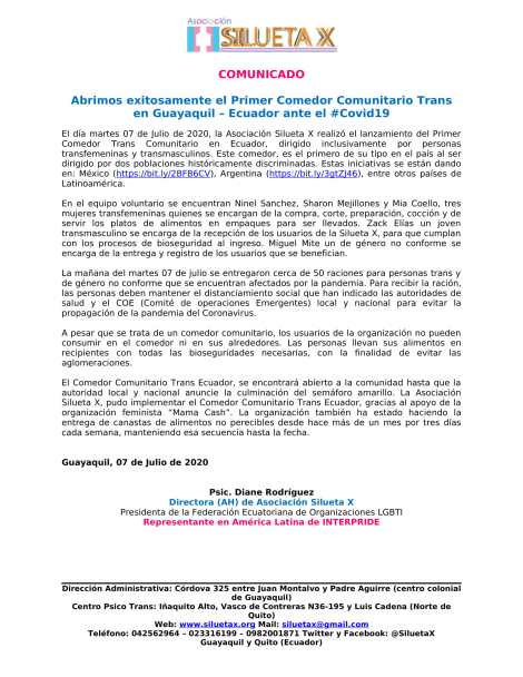 Boletín de Prensa - Abrimos exitosamente el Primer Comedor Comunitario Trans en Guayaquil – Ecuador ante el #Covid19 - Asociación Silueta X-1
